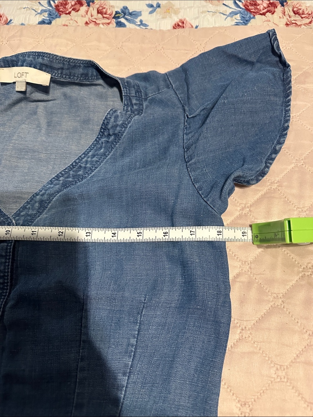 LOFT Blue Denim-Style Button Down Cap Sleeve Dress. Missing the belt - Picture 7 of 8